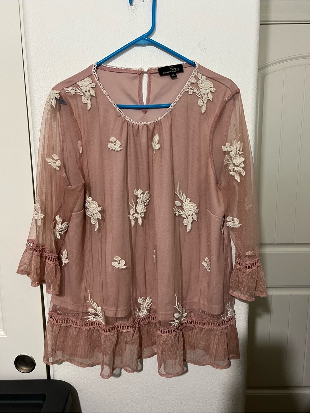 Suzanne Betro Dusty Rose Mesh Tunic with Ivory Floral Appliqué - Picture 10 of 13